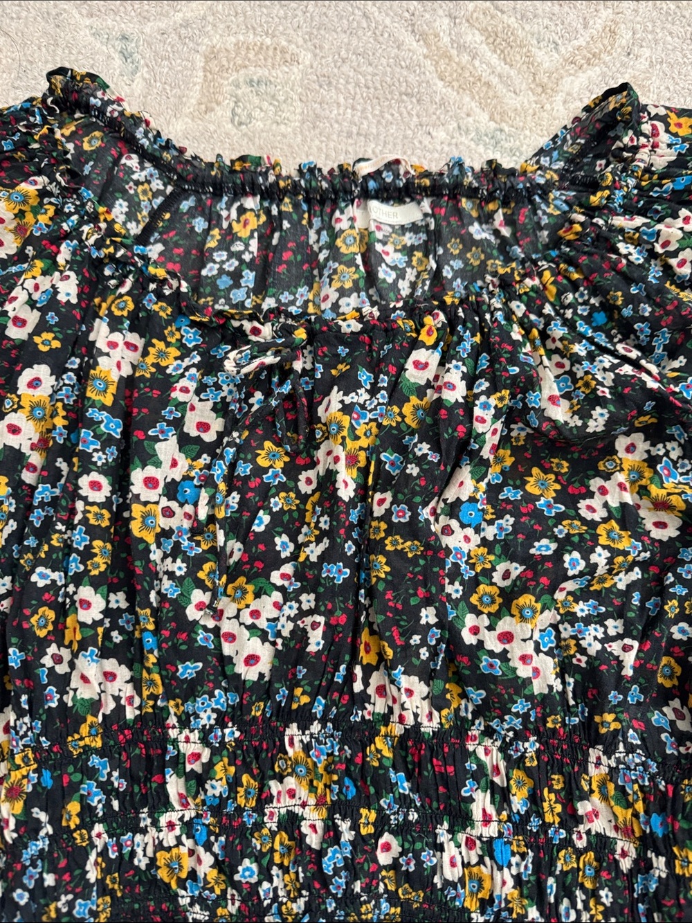MOTHER Black Floral Smocked Off-Shoulder Blouse